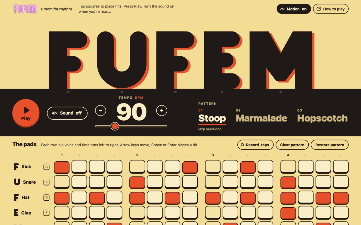 Five large letters spelling fufem above a grid of rhythm pads with play, sound and tempo controls.