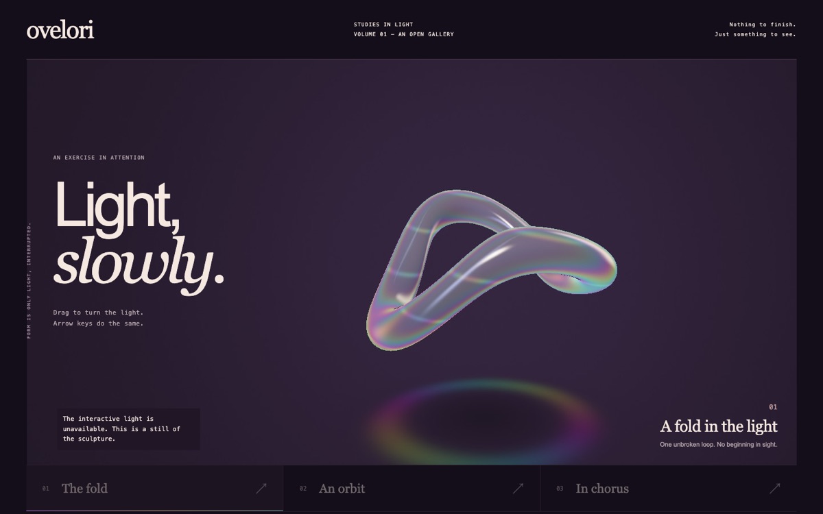 An iridescent glass loop folded in spectral light on a dark violet field, beside the words Light, slowly.