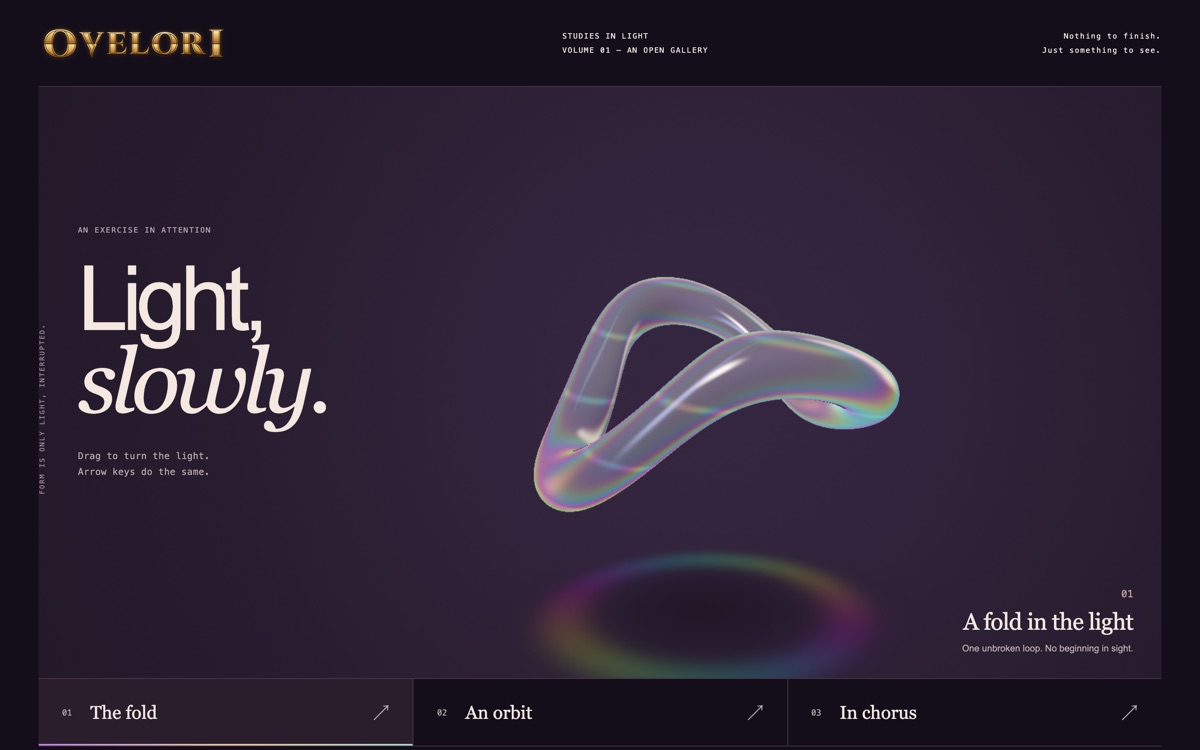 An iridescent glass loop folded in spectral light on a dark violet field, beside the words Light, slowly.
