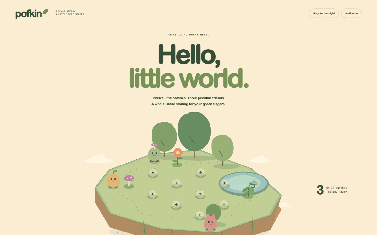 A pale green floating island with trees, a pond, small round characters and circular patches marked for planting under the words Hello, little world.