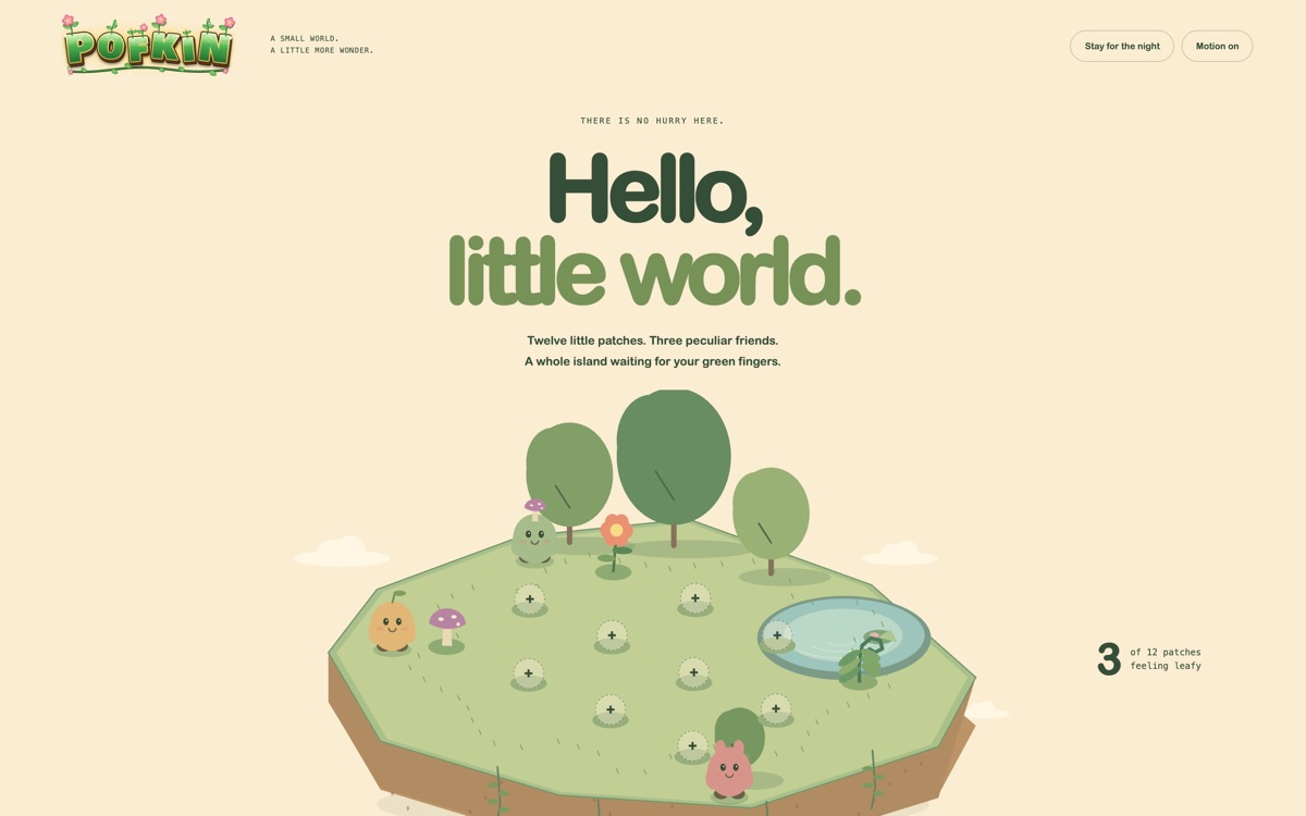 A pale green floating island with trees, a pond, small round characters and circular patches marked for planting under the words Hello, little world.