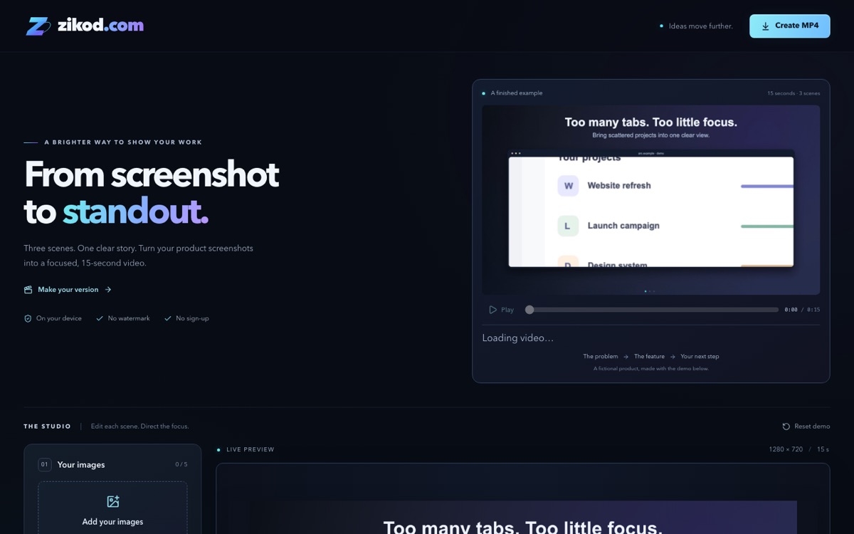 A video studio page with a 15-second example player and editing panels for images, format and the closing scene.