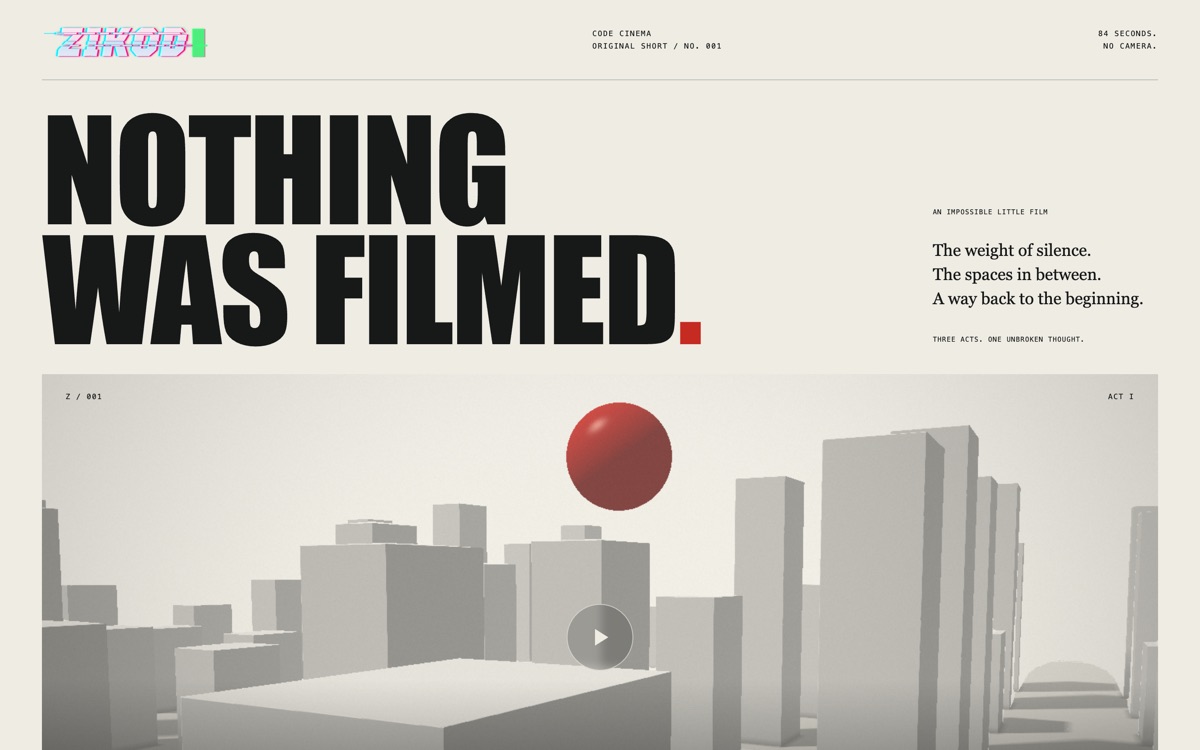 The words Nothing was filmed above a still of pale towers and a red sphere, with a play button.